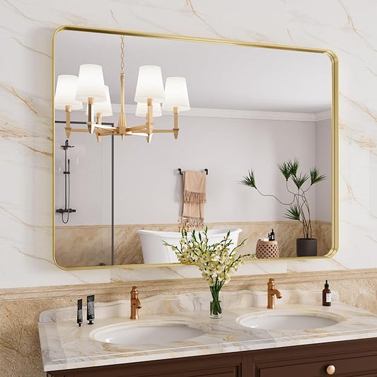 Gold Bathroom Mirror, 40x30 Inch Brushed Gold Metal Frame Mirror for Wall, Rounded Rectangle Bathroom Vanity Mirror, Tempered Glass, Anti-Rust, Horizontal/Vertical