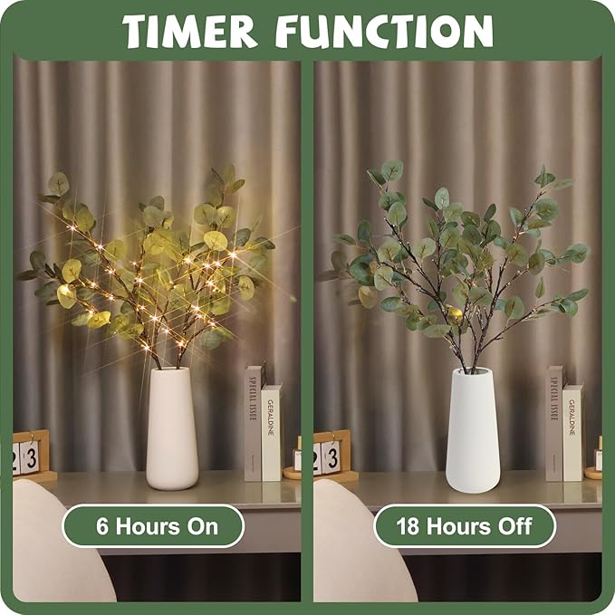 Lighted Eucalyptus Branches, 32 Inch Branches with 32 LED Lights, Battery Powered Eucalyptus Branches for Vases, Prelit Tree Braches for Home Wedding Indoor Outdoor Spring Decorations, Timer