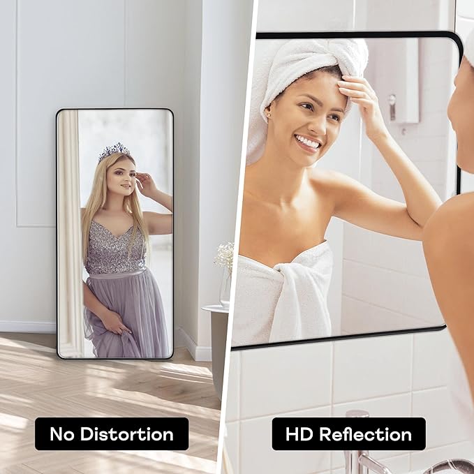 Wall Mount Mirror for Bathroom, Brushed Black Metal Framed Large Rounded Corner Rectangular Vanity Mirror, Tempered Glass (28" x 60", Black)