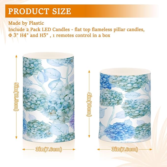 ALAZA Blue Purple Teal Green Hydrangea Flowers Flickering Flameless Candles Battery Operated with Remote Timer,Tea Light Candles LED Pillar Votive Candles Set of 2 for Outdoor Indoor Decorations