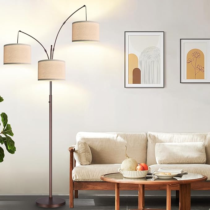Dimmable Floor Lamp - 3 Lights Arc Floor Lamps for Living Room, 1000LM Modern Tall Standing Lamp With Beige Shades, Mid Century Tree Floor Lamp for Bedroom Office, 3 LED Bulbs Included - Brown