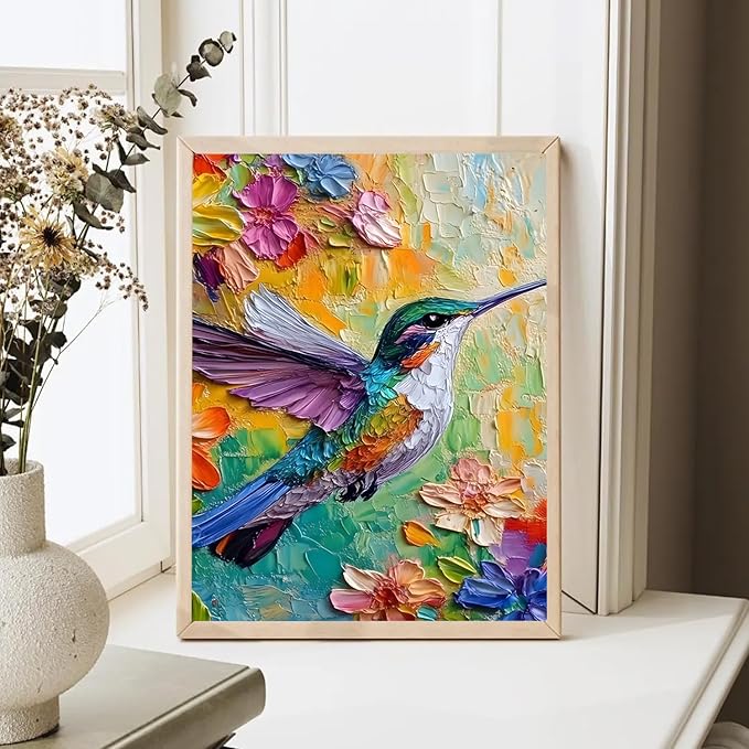 2D No Texture Colorful Painting Hummingbird Canvas Wall Art, Spring Flower Wall Decor, Hummingbird Picture for Wall Living Room Bathroom Bedroom Home Decoration 12*18 in (Stretched Canvas on A Wooden Frame)