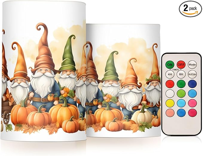 Thanksgiving Autumn Fall Gnomes Pumpkin Flickering Flameless Candles Battery Operated with Remote Timer,Tea Light Candles LED Pillar Votive Candles Set of 2 for Outdoor Indoor Decorations