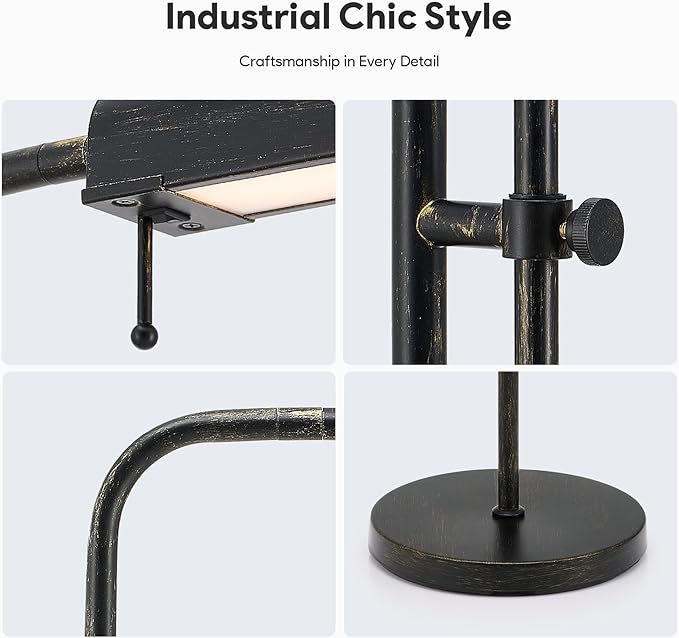 VONLUCE LED Floor Lamp, 62.5" Industrial Floor Lamp for Living Room with Adjustable Height Swing Arm Head 3 Color Temperatures, Metal Standing Pole Lamp for Bedroom Reading, Rustic Black