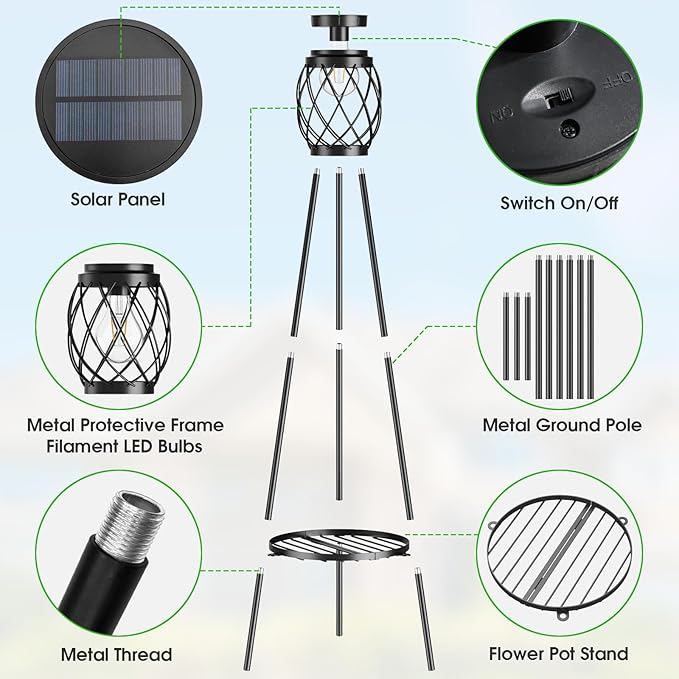 2 Pack Solar Lights Outdoor with LED Edison Bulbs, Vintage Style Solar Floor Lamp with Plant Stands, Weatherproof Garden Lights for Pathway, Patio, Yard, Porch Decor 8-10 Hours Lighting
