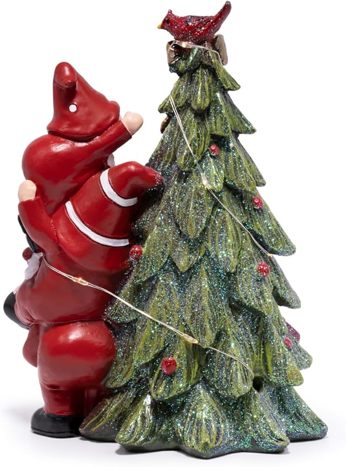 Hodao Christmas Tree Figurine Decorations — Lighted Hand-Painted Resin Gnomes Climbing with Cardinal, Tabletop Decor for Family or Friends | Mantel, Shelf, Living Room Display