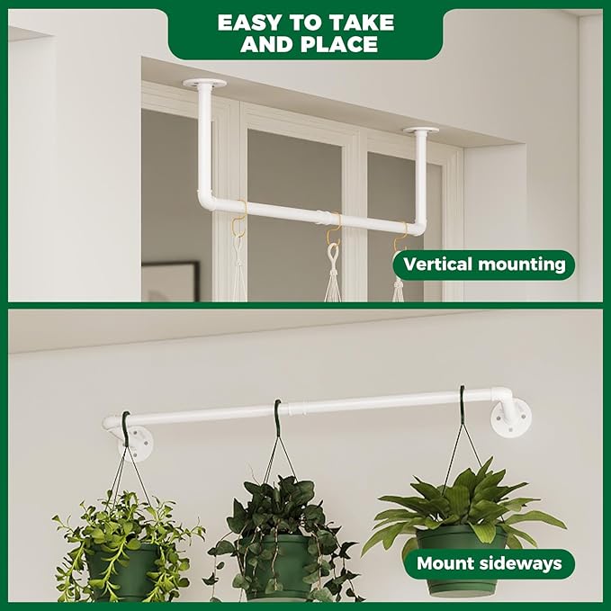 Bamworld Hanging Planters 2PCS for Indoor Plants Hanging Plant Holder Plant Hanger Indoor Ceiling Window Plant Shelves Wall Mount Black Metal Rod(Pot&Plant Not Included) White