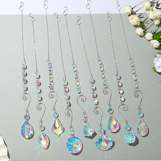 9 Pieces Sun Catchers Indoor Window Suncatcher Crystals Prisms with Chain Pendant Colorful Hanging Ornaments for Windows Chandelier Office Home Garden Decor