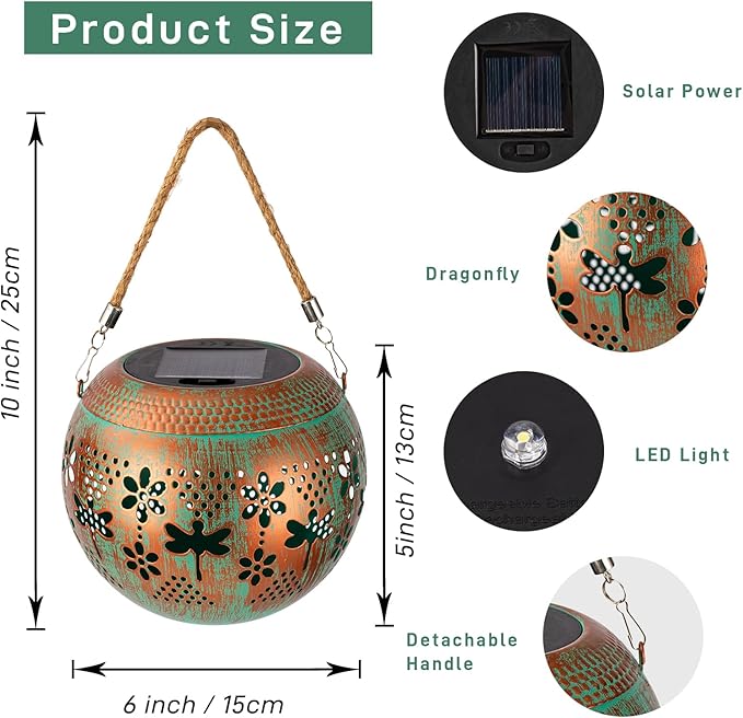 Starsoul 2 Pack Solar Lanterns Waterproof Outdoor, Dragonfly Hollow Out Metal Decoractive Hanging Solar Lantern Lights for Outside Garden Yard Porch Tabletop Patio Decor, Gardening Gifts for Women Mom
