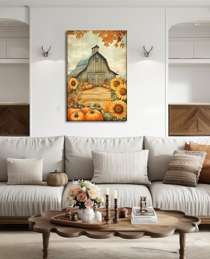 LYUNSHUO Canvas Wall Art Pumpkin Wall Decor Rustic Farmhouse Picture Old Barn Painting Sunflower Poster Autumn Harvest Vintage Artwork for Home Decor Frame - 24"x36"