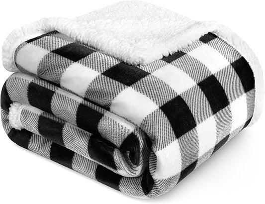 PAVILIA Black and White Buffalo Plaid Sherpa Throw Blanket for Couch, Plush Checkered Fleece Blanket and Throws, Soft Fuzzy Flannel Blanket for Sofa Bed, Warm Cozy Winter Blanket Gift, 50x60