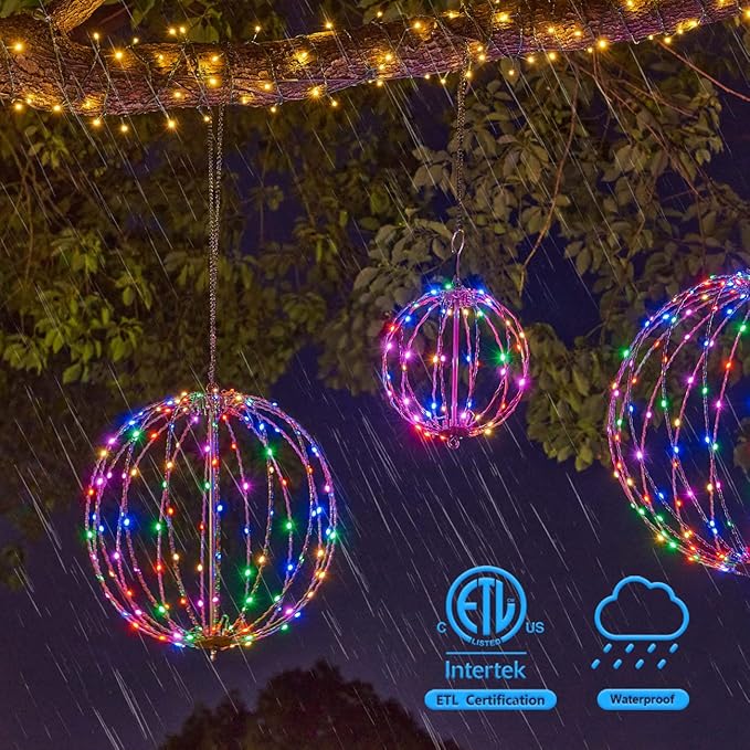 Christmas Ball Sphere, 20IN 200LED Hanging Tree and Pathway Light With Hook and Stake, Foldable Metal Frame Ball for Outdoor Garden, UL Listed, White Frame, RGB