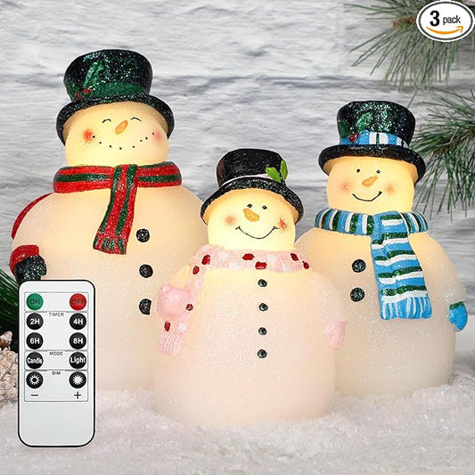 Flameless LED Candles Christmas Holiday Hand-Carved Snowman Sculptures Art Decor Real Wax Battery Operated Dimmable with Remote Timer Flickering Light Xmas Gift Home Room Table Ornaments