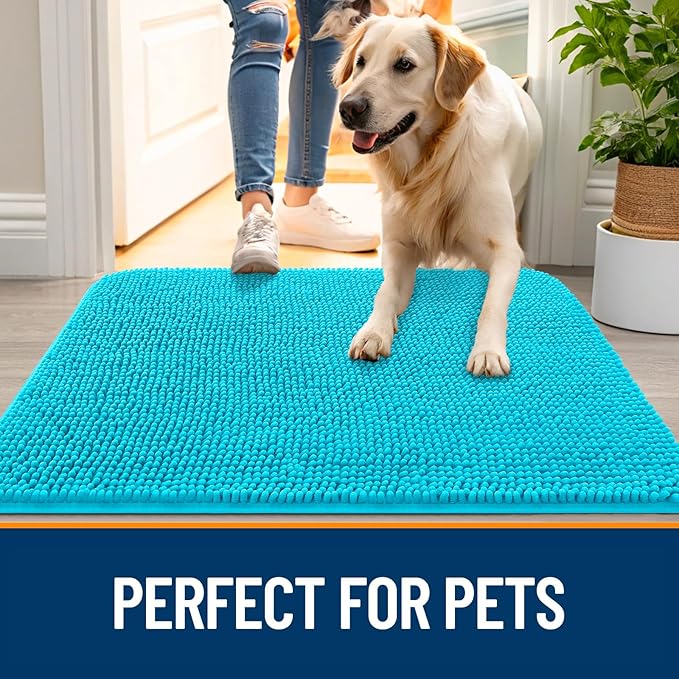 OLANLY Dog Door Mat for Muddy Paws 44x24, Absorbs Moisture and Dirt, Absorbent Non-Slip Washable Doormat, Quick Dry Chenille Mud Mat for Dogs, Entry Indoor Entryway Carpet for Inside Floor, Aqua Blue