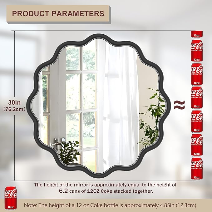 PROHOMEWARE Black Round Mirror 30 Inch Wavy Bathroom Vanity Mirror Black Frame Modern Wall Mirror Decorative Wall-Mounte Anti-Rust, Tempered Glass