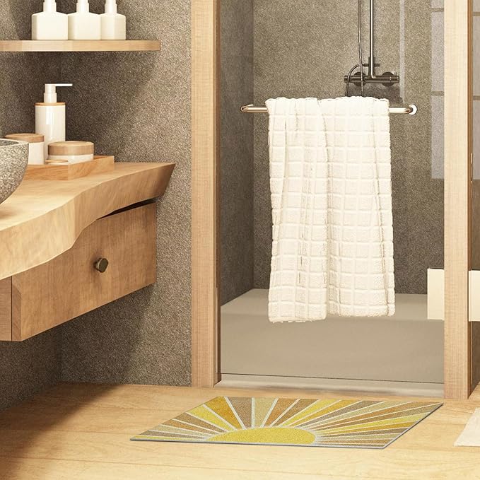 Nogrit Boho Door Mat, Retro Boho Orange Sun Sunshine Doormat Bathmat for Indoor Outdoor Entrance, Mid Century Modern Abstract Welcome Mats for Front Door Outside Porch Entryway, 17x30 Inches