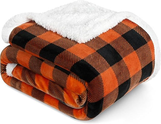 PAVILIA Black Orange Buffalo Plaid Sherpa Throw Blanket for Couch, Plush Halloween Checkered Fleece Blanket and Throws, Soft Fuzzy Flannel Blanket for Sofa Bed, Warm Cozy Winter Blanket Gift, 50x60