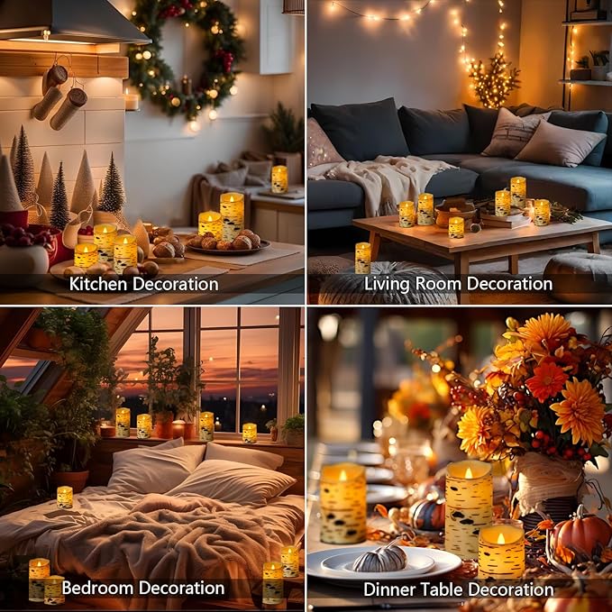 Metaku Flameless Candles Battery Operated Set of 3 Birch Bark LED Pillar Candles with Remote,3D Moving Wick Electric Decorative Candles for Christmas Party Wedding Home Bedroom,D 3"×H4 5" 6"