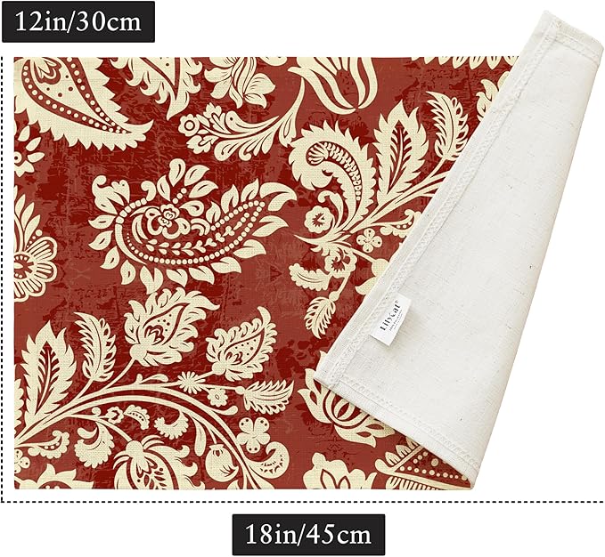 LilyCat Linen Fabric Red Paisley Floral Placemats, Durable Boho Dining Table Mats for Kitchen, Rustic Vintage Washable Place Mats Set of 6, 18’’× 12’’
