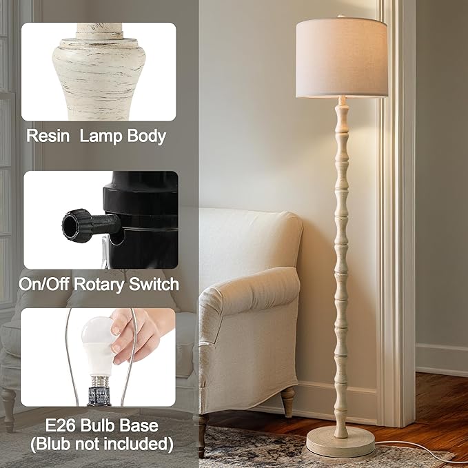 BOBOMOMO 62" Rustic Floor Lamp, Retro Farmhouse Standing Lamp with Rotary Switch, Resin Antique White Floor Lamp for Living Room, Bedroom, Corner, Dining Room, Nursery, Cozy Home Décor