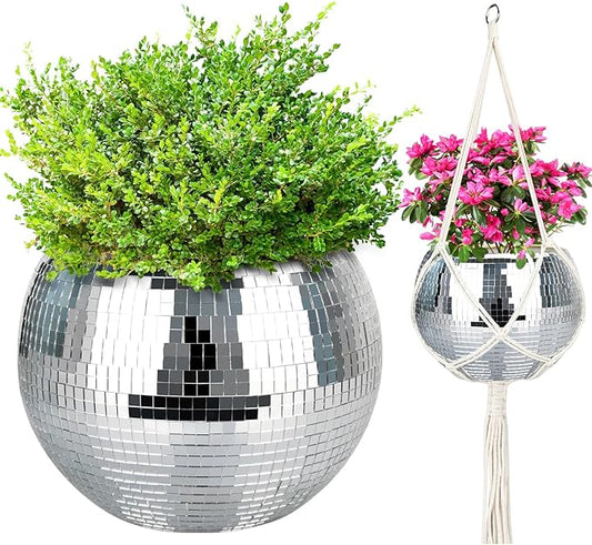 Disco Ball Planter, 1pcs 10” Silver Disco Ball Planter, Disco Ball Plant Hanger with Hanging Rope, Hanging Chain, Hook, Circle and Extra Mirror Pieces(10" Silver, 1pcs)