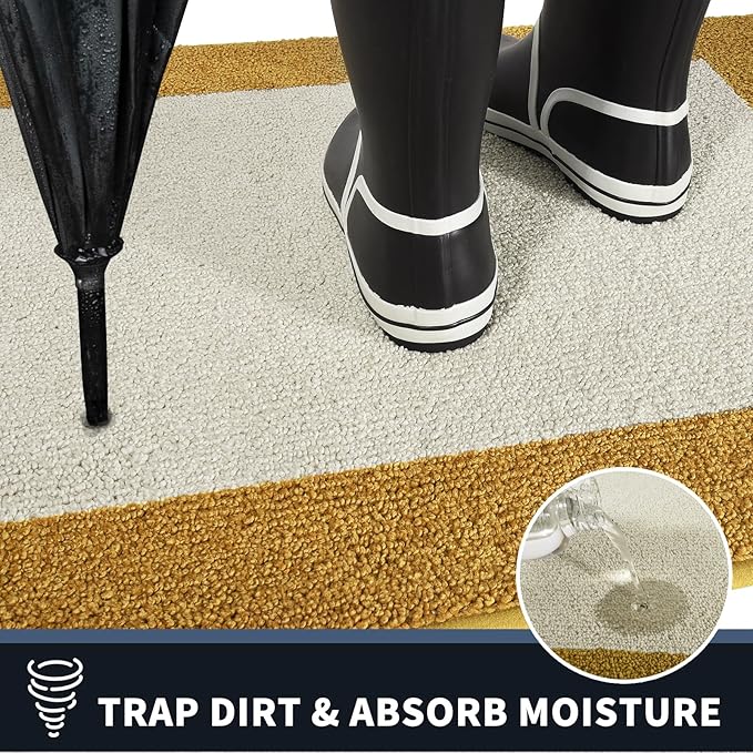 PURRUGS Dirt Trapping Door Mat 24" x 60", Non-Slip/Skid Machine Washable Entryway Rug, Shoes Scraper, Throw Rug, Super Absorbent Area Rug for Muddy Wet Shoes and Paws, Light Cream & Gold