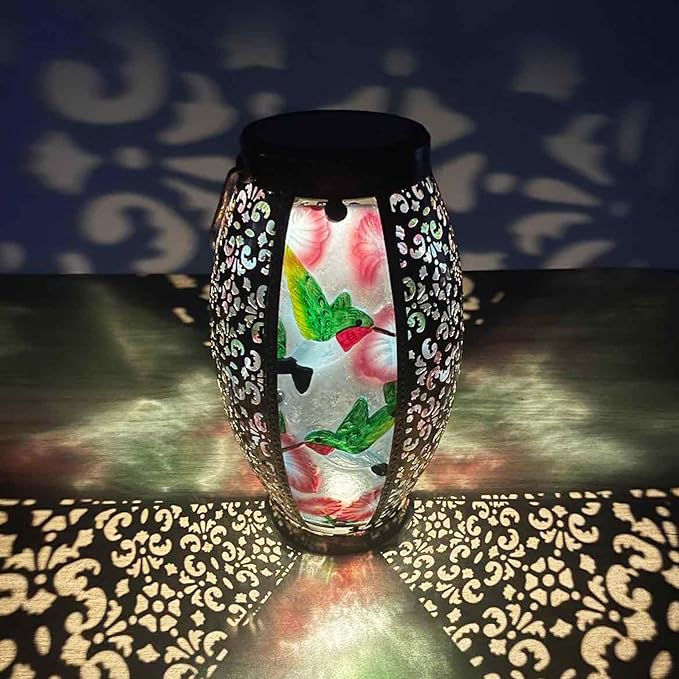 Hummingbird Solar Lanterns Glass & Metal Hanging Lantern Outdoor Waterproof 16" H Tabletop Light with Hollowed-Out Design for Garden Patio Table Decor Mother's Day Gift