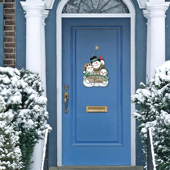 Winter Time Snowman Brown Front Door Sign, Cardinal Red Bird Wood Door Hanger Outdoor Outside Porch Decor, Christmas Seasonal Wooden Wreath Indoor Wall Hanging Decoration