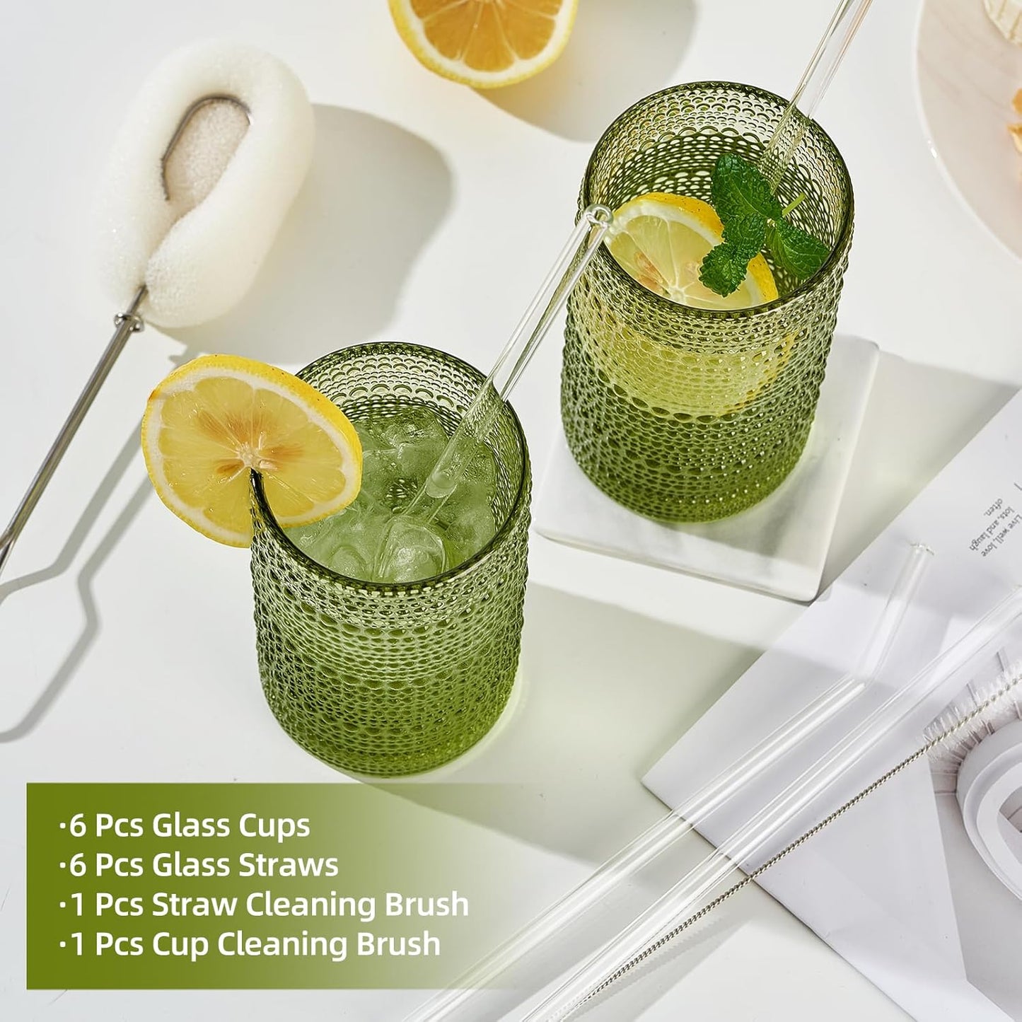 16oz Hobnail Drinking Glasses Set of 6, Vintage Large Capacity Embossed Green Tumblers, Highball Glasses for Water, Cocktail, Beer, Whiskey, Juice & Bar Use