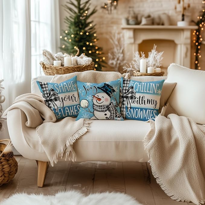 GEEORY Winter Chillin' with My Snowmies Throw Pillow Covers 18x18 Inch Set of 4, Snowmen Let it Snow Shake Your Flakes Blue Holiday Farmhouse Decorative Cushion Cases for Home Decoration G640-18