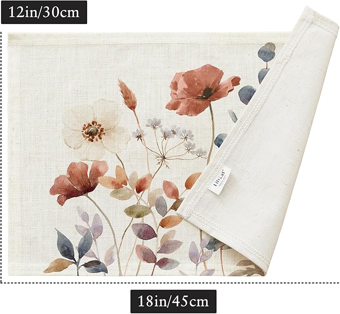 LilyCat Linen Fabric Floral Placemats, Waterproof Durable Boho Dining Table Mats for Kitchen, Rustic Vintage Washable Place Mats Set of 4, 18’’× 12’’