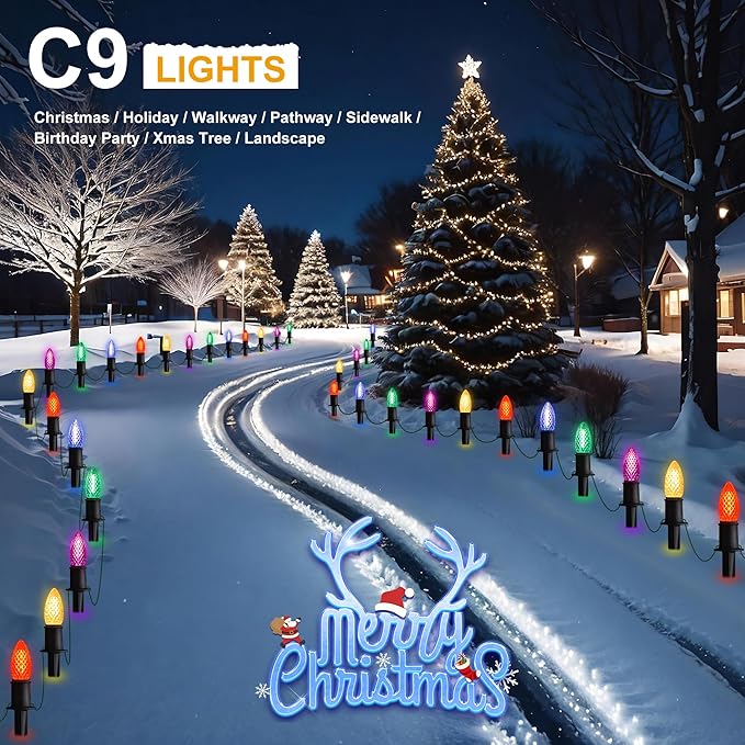 J-HVA 𝙇𝙀𝘿 C9 Strawberry Christmas Pathway Lights - 29ft Christmas Multicolor String Lights Outdoor Waterproof Walkway Lights with 25 Marker Stakes for Xmas Tree Yard Garden Decoration (25 Lights)