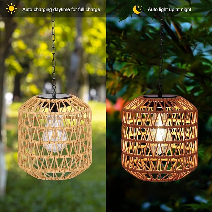 Solar Pendant Light Outdoor,Chandelier Hanging Lantern with Edison Bulb,Boho Solar Powered Lamps IP44 Waterproof for Gazebo Tree Porch Yard Porch Patio Garden Backyard Decorative