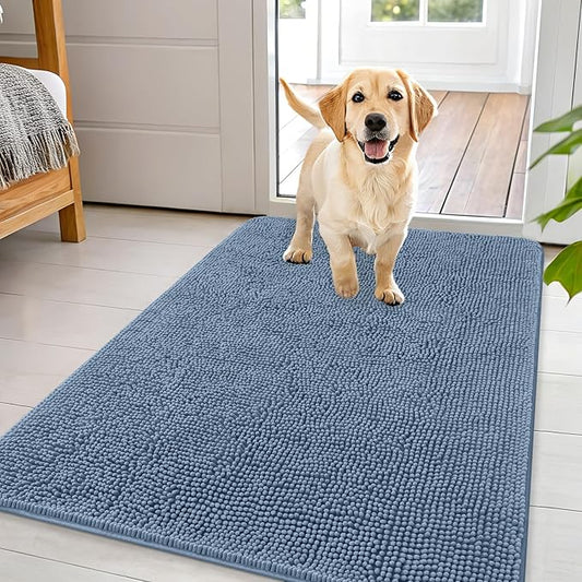 OLANLY Dog Door Mat for Muddy Paws 44x32, Absorbs Moisture and Dirt, Absorbent Non-Slip Washable Doormat, Quick Dry Chenille Mud Mat for Dogs, Entry Indoor Entryway Carpet for Inside Floor, Airy Blue