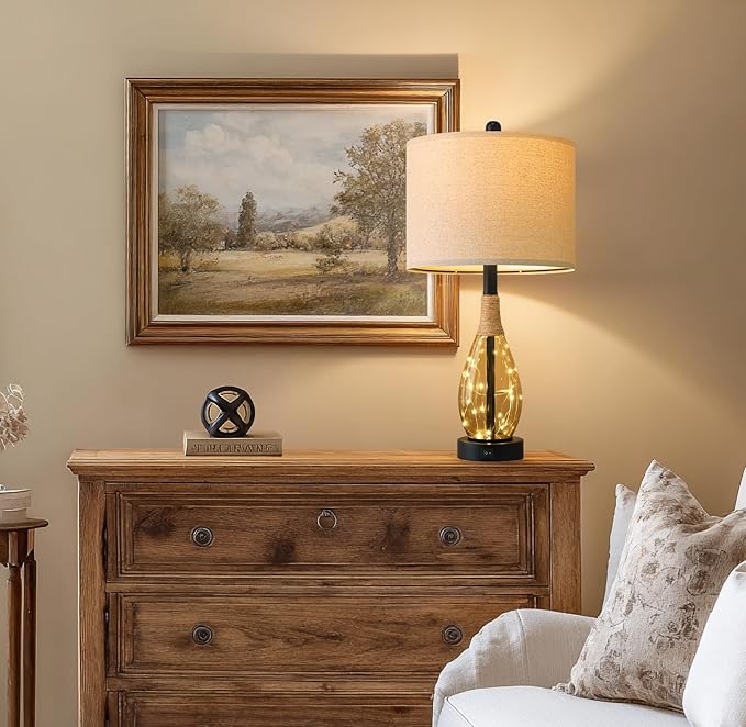 OYEARS 23" Table Lamps for Living Room Set of 2 Bedside Lamps for Night Stands Bedroom Lamps Farmhouse Rattan Boho Lamp Glass Nightlight End Table Lamp,Two Light Points