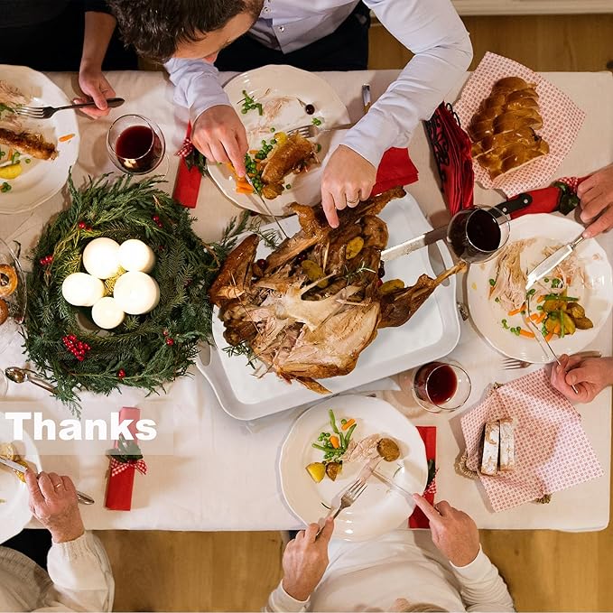 Extra Large Serving Tray with Handles, 20x13 inch, Set of 2 Melamine Platters for Serving Food, Turkey, Cookie, Rectangular Trays for Eating, Raised Dots Matt Finished, Dishwasher Safe, White