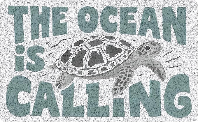 Sea Turtle Beach Door Mat, Coastal Beach Welcome Mats for Front Door, Nautical The Ocean is Calling Doormat Indoor Outdoor Entrance Outside Inside Entryway, 17x30 Inch