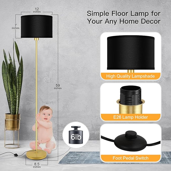 Floor Lamp, Black Standing Lamp, 58" Tall Lamps for Living Room, Simple Pole Lamp with Black Lampshade, On/Off Foot Pedal, Bright Dimming Light for Kids Room Bedroom Office Decor - Gold(No Bulb)