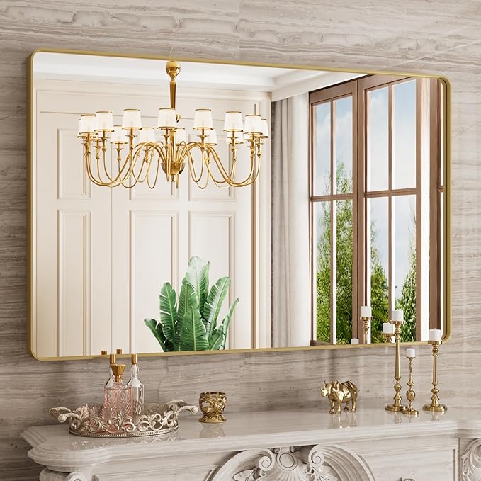 Gold Bathroom Mirror, 48x30 Inch Brushed Gold Metal Frame Mirror for Wall, Rounded Rectangle Bathroom Vanity Mirror, Tempered Glass, Anti-Rust, Horizontal/Vertical