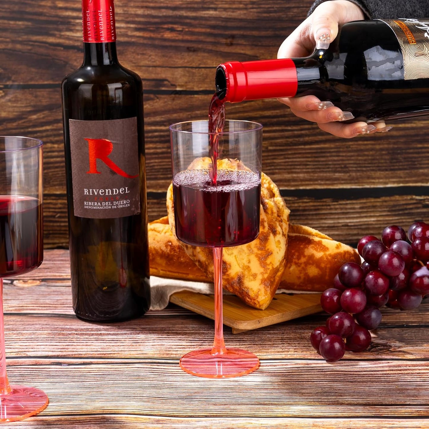 Ciaell 12 Pack 10 Oz Clear Plastic Wine Glasses with Pink Stem - Disposable Cocktail Goblets Perfect for Parties & Weddings & Poolside & Outdoors & Camping & Party