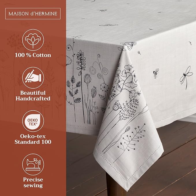 Maison d' Hermine Table Cloth Rectangle Table 100% Cotton 60 x 90 Inches Tablecloth Reusable Decorative Everyday Use for Dining Room, Farmhouse, Home, Party, Festive & Wedding Spring Summer - Flore