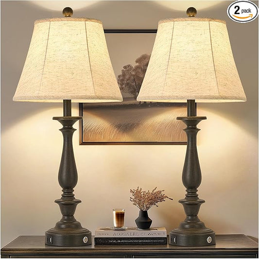 AIDENOEY 28.5" Traditional Table Lamp Set of 2, Rustic Farmhouse Table Lamps for Living Room Bedroom, Bedside Desk Lamps Vintage Nightstand Lamps with Silk Fabric Shades,Antique Rust Table Lamp