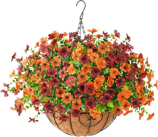 Artificial Fake Hanging Plants Flowers Basket, Faux Silk Daisy in Planter Realistic UV Resistant for Outside Home Patio Balcony Yard Spring Outdoor Decoration (Orange Brown)