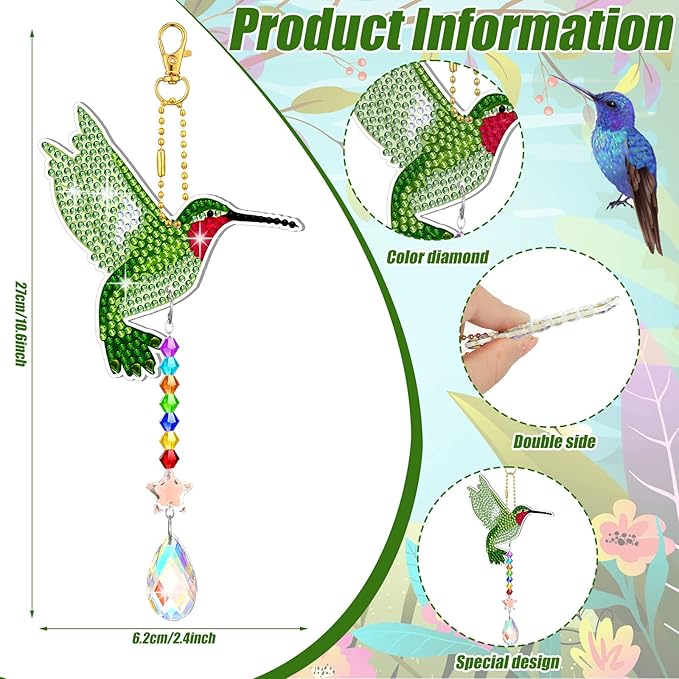 Tradder 6 Pcs Diamond Art Kits 5d Rhinestone Painting Wind Chimes Art Sun Catchers Double Sided Hummingbird Birds Art Kits with Crystal Pendant for Adults Home Window Decor Garden