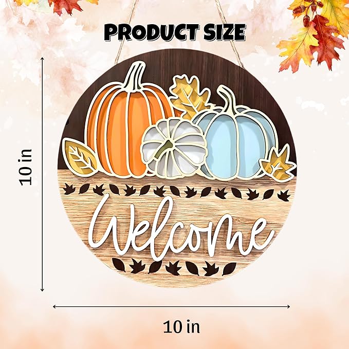 Fall Door Decor Pumpkin Welcome Sign – 3D Layered Wood Fall Door Hanger with Autumn Leaves – Rustic Front Door Sign for Fall, Thanksgiving – Elegant Cutout Pumpkin Design (10"x10")