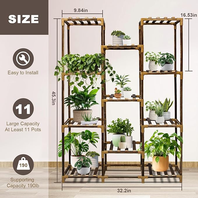 Plant Stand Indoor Outdoor, 11 Tier Large Wood Plant Stand, Garden Shelves, Flower Stand for Living Room Patio Corner