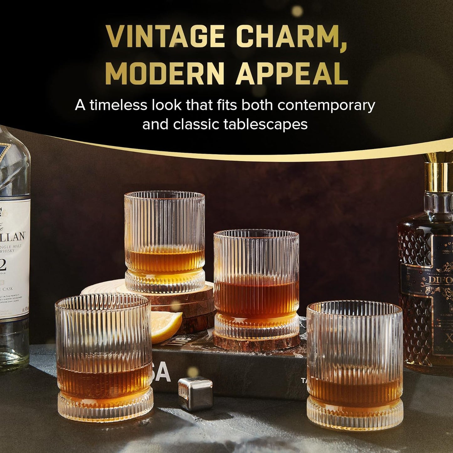 Ribbed Whiskey Glasses Set of 8, 12 Oz Lead-Free Crystal Heavy Base Barware Glass, Perfect for Bourbon Rocks Cocktail Scotch Drinking