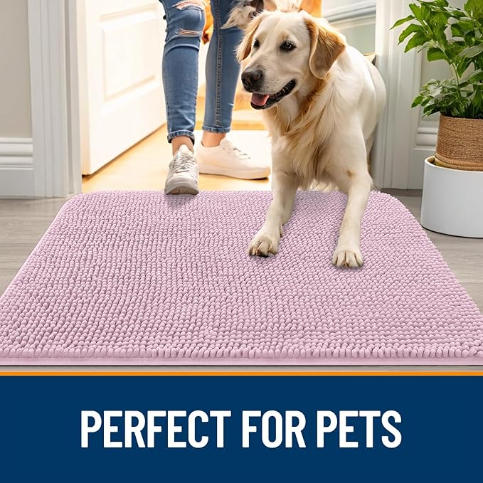 OLANLY Dog Door Mat for Muddy Paws 47x32, Absorbs Moisture and Dirt, Absorbent Non-Slip Washable Doormat, Quick Dry Chenille Mud Mat for Dogs, Entry Indoor Entryway Carpet for Inside Floor, Dusty Rose