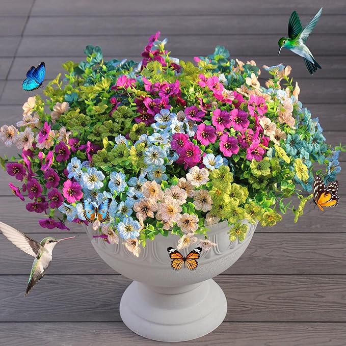 Faux Artificial Plants Flowers for Outdoor Planters Spring Summer Decor 16 Bundles Fake Eucalyptus Silk Daisy UV Resistant Realistic Used for Outside,Home,Front Porch,Patio,Yard Decorations