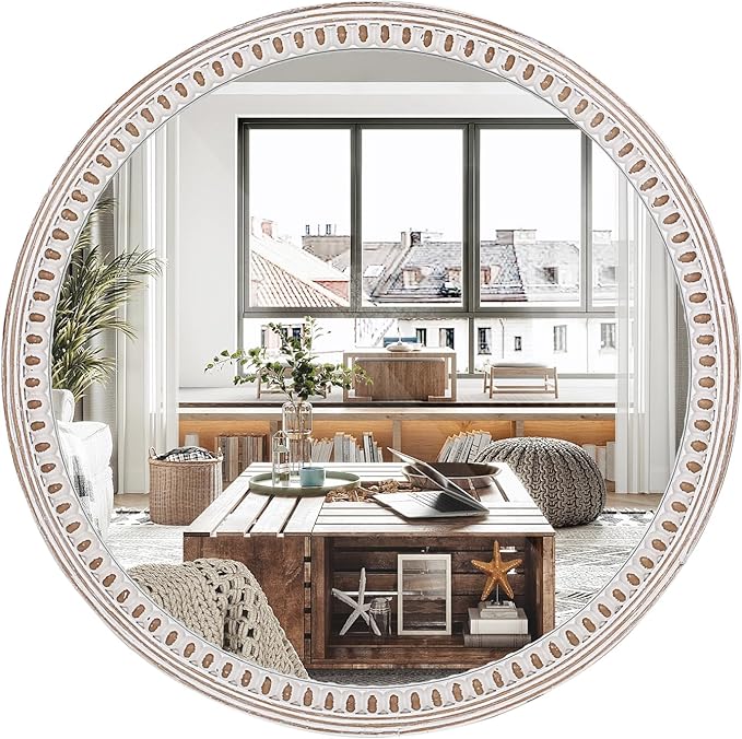 24 inches Decorative Round Wood Mirror with Bead, Rustic Farmhouse Circle Mirrors for Wall Decor, Living Room, Entryway, Bathroom Over Sink